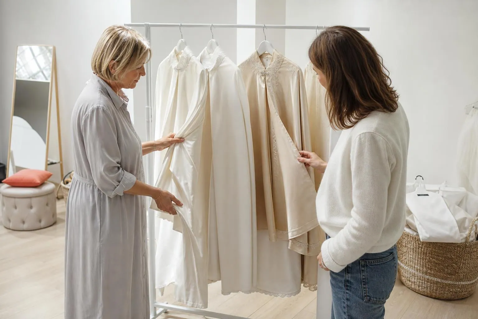 Deux femmes examinant ensemble des capes et des étoles de cérémonie suspendues à un portant dans un showroom clair