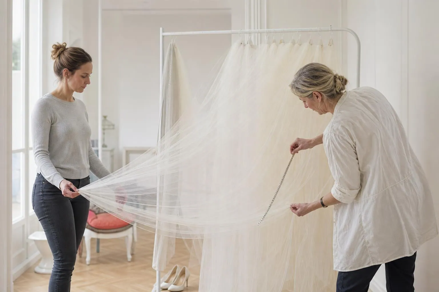 Deux femmes mesurant au mètre ruban la longueur d’un voile de mariée suspendu à un portant dans un atelier clair