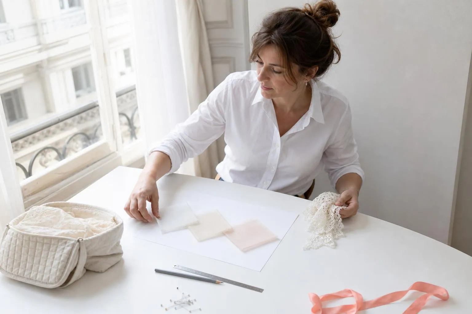 Femme comparant à la lumière d’une fenêtre une chute de dentelle et trois carrés de tulle posés sur une table blanche