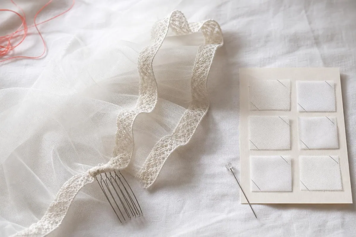 Gros plan d’un bord de voile en tulle illusion bordé de dentelle, posé avec un peigne d’attache sur un carton de nuancier annoté au crayon