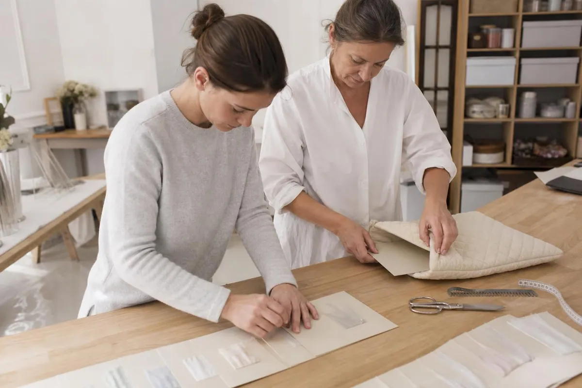 Deux femmes préparant sur une table d’atelier une pochette d’échantillons de tulle et de soie destinée à un envoi postal suivi
